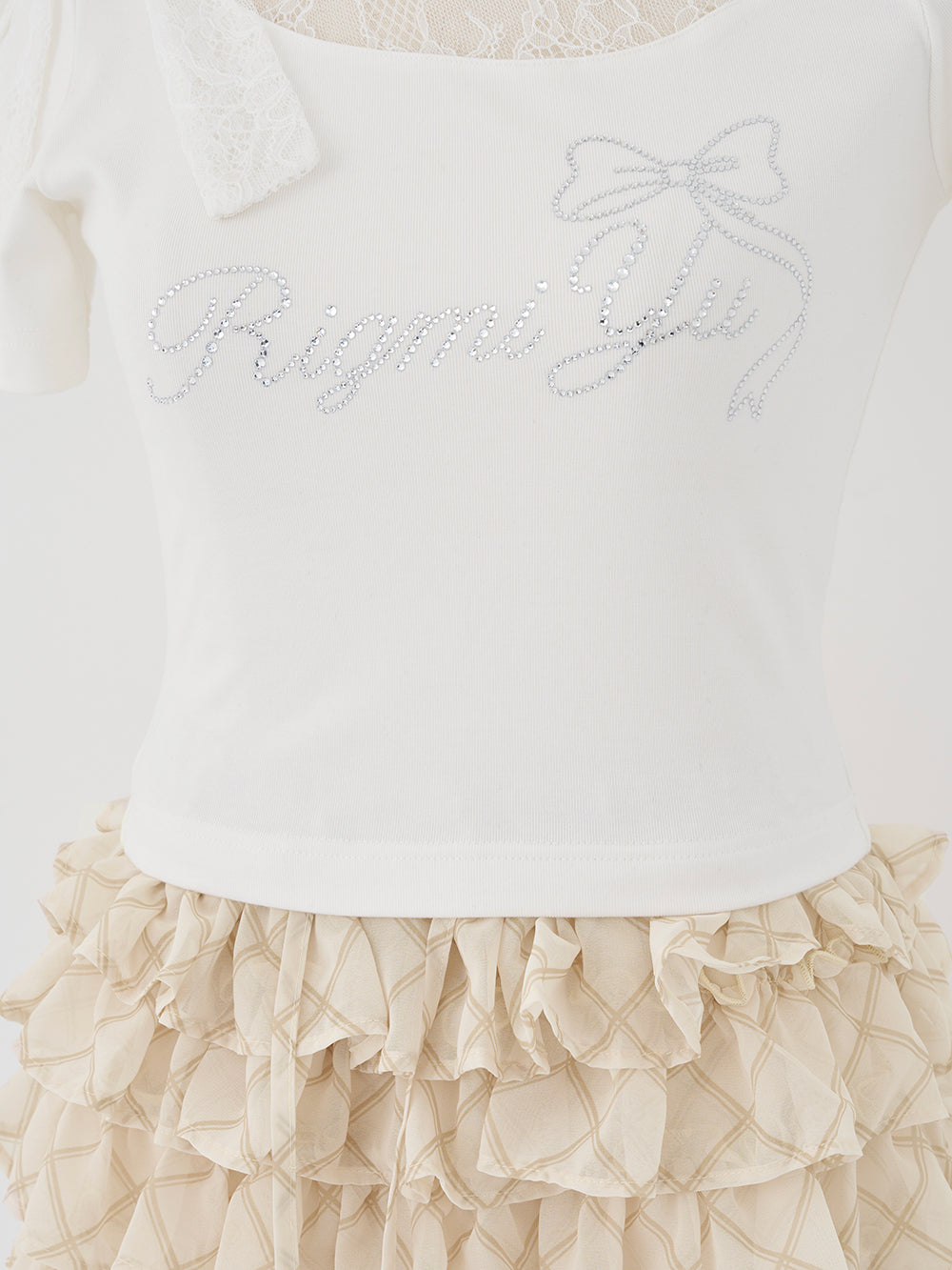 RigmiyuストーンロゴワンショルリボンTシャツ