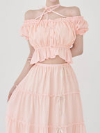 ネックリボンオフショルロングワンピース