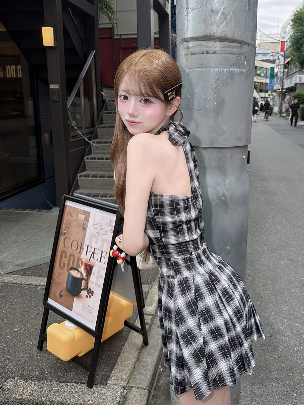 ホルターネックリボンチェックプリーツミニワンピース